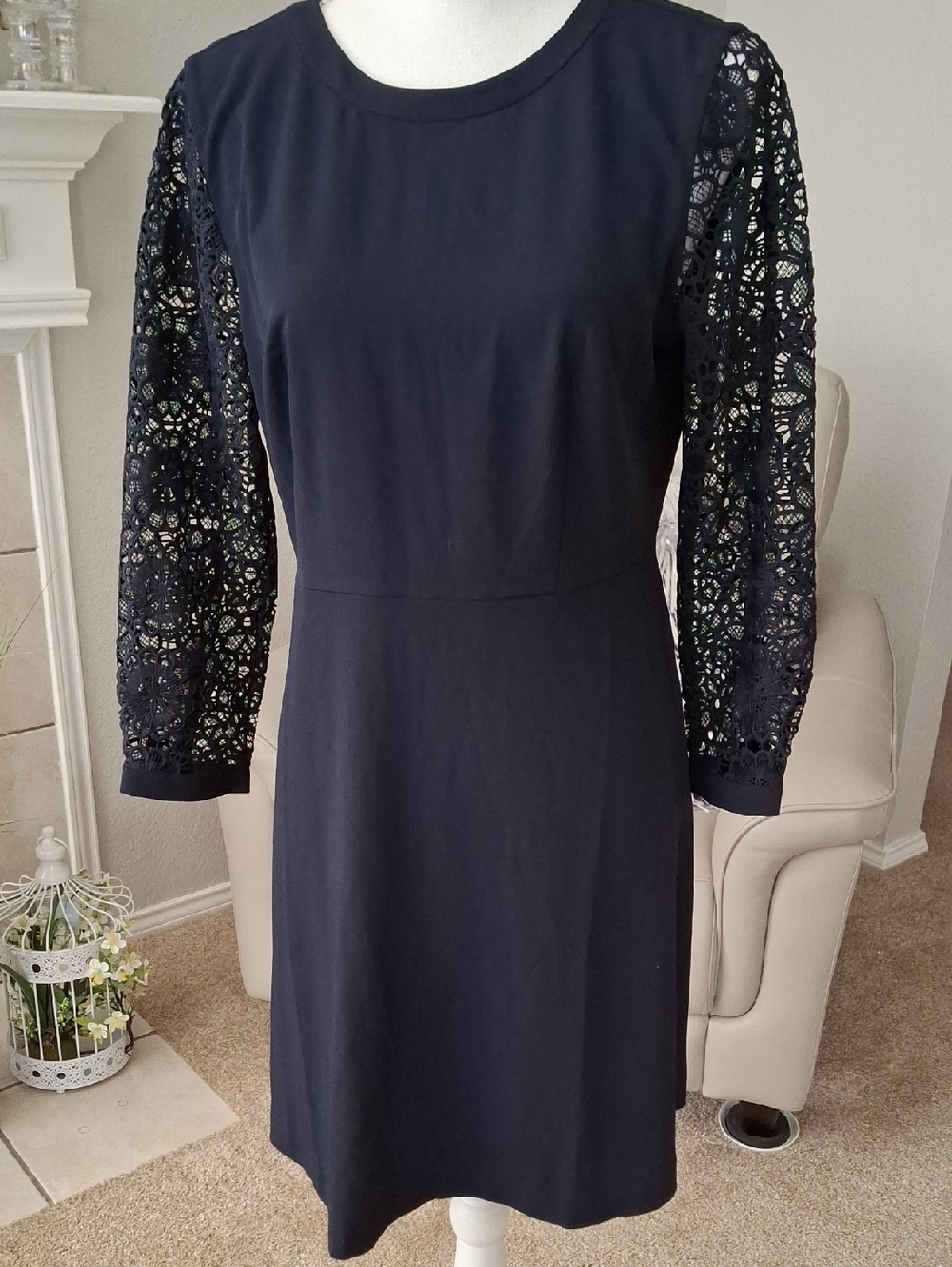 LOFT Navy A-Line Dress with Crochet Lace Sleeves